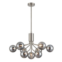 Smoked glass globe nine ball chandelier in satin nickel finish with modern design