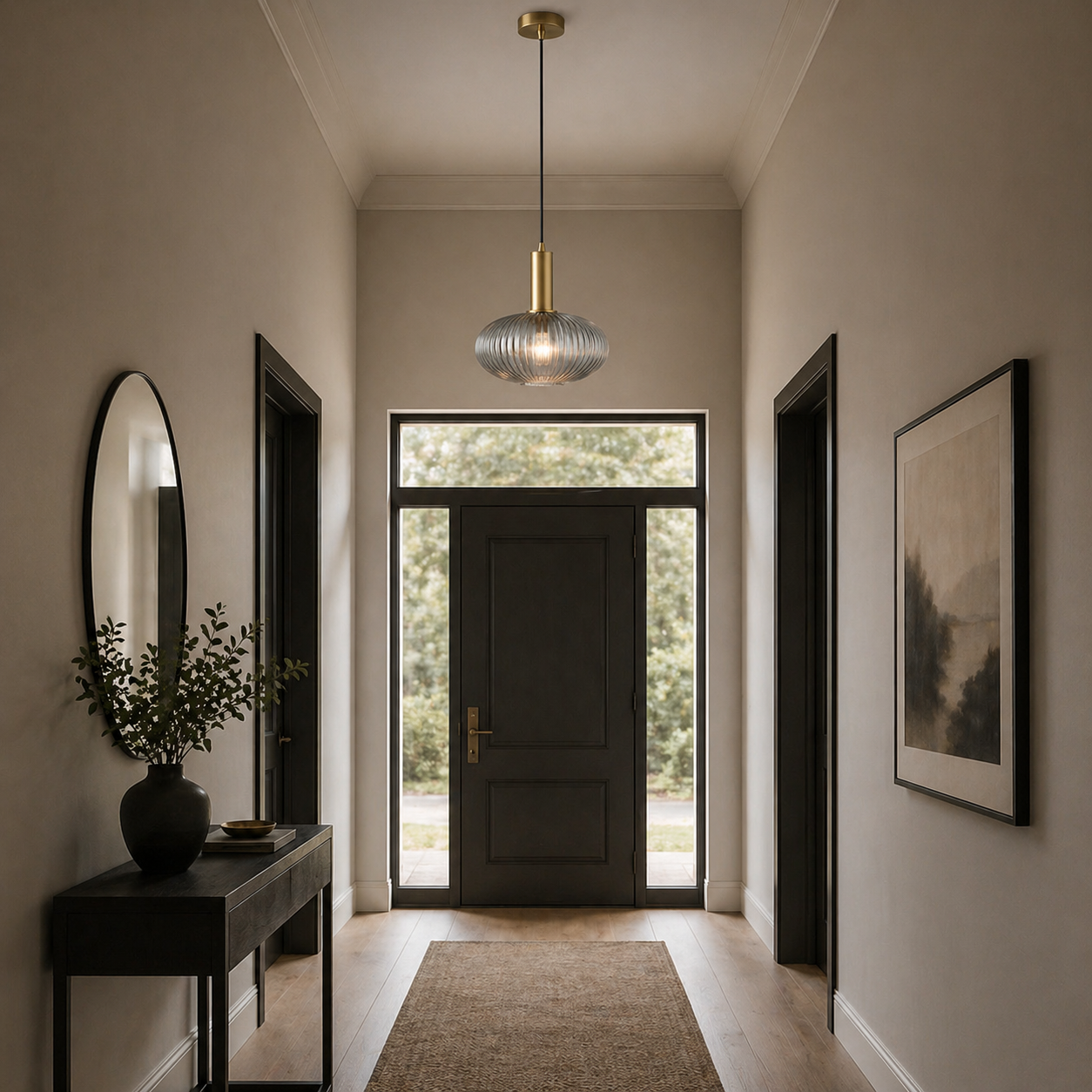 Smoked glass pendant at the front of a luxurious hallway, in front of a door surrounded by glass.