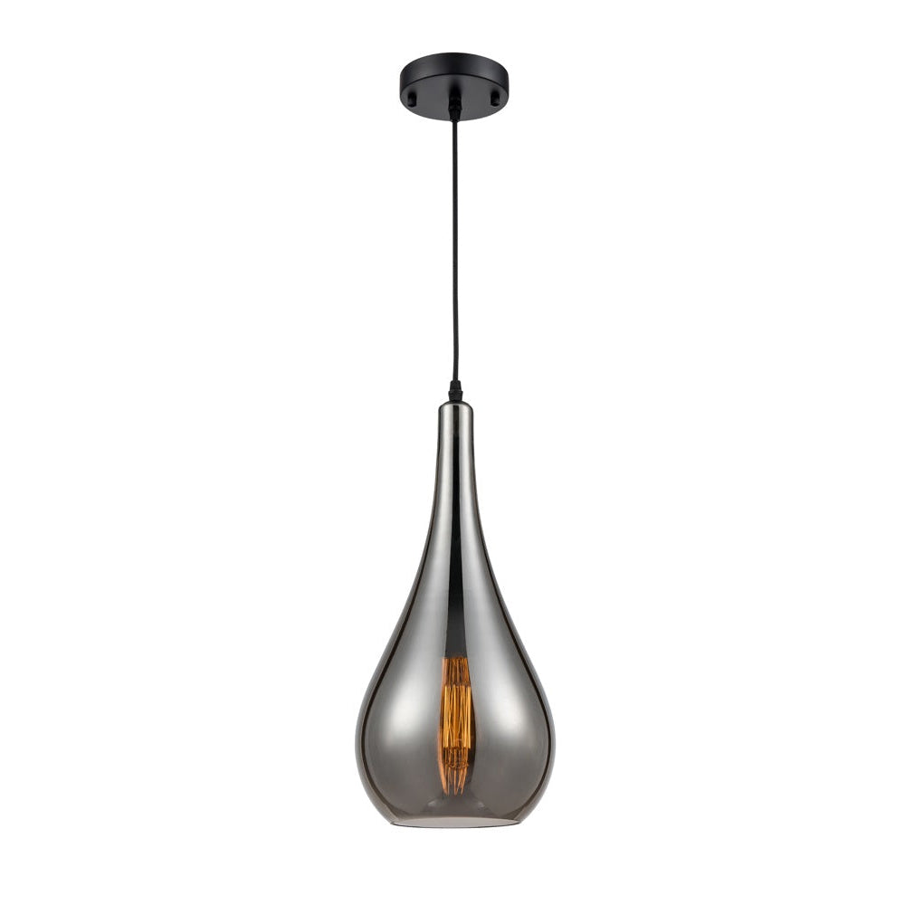 smoked glass pendant light with slim teardrop shape and angled cut glass hanging from a dark ceiling rose