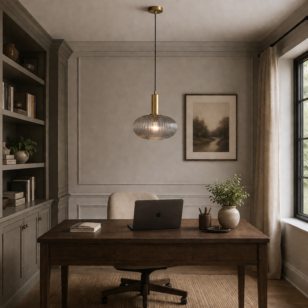 Smoked pendant in a home office setting over a desk with bookshelves. 