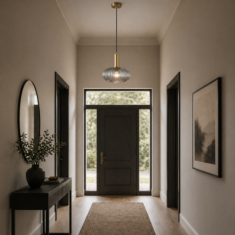 Smoked ribbed glass oval pendant light in a hallway