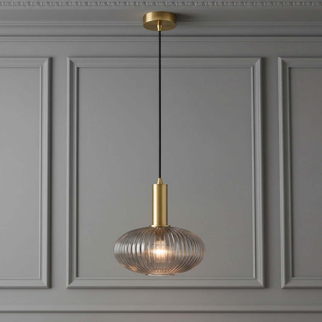 Smoked ribbed glass pendant with brushed gilt fitting