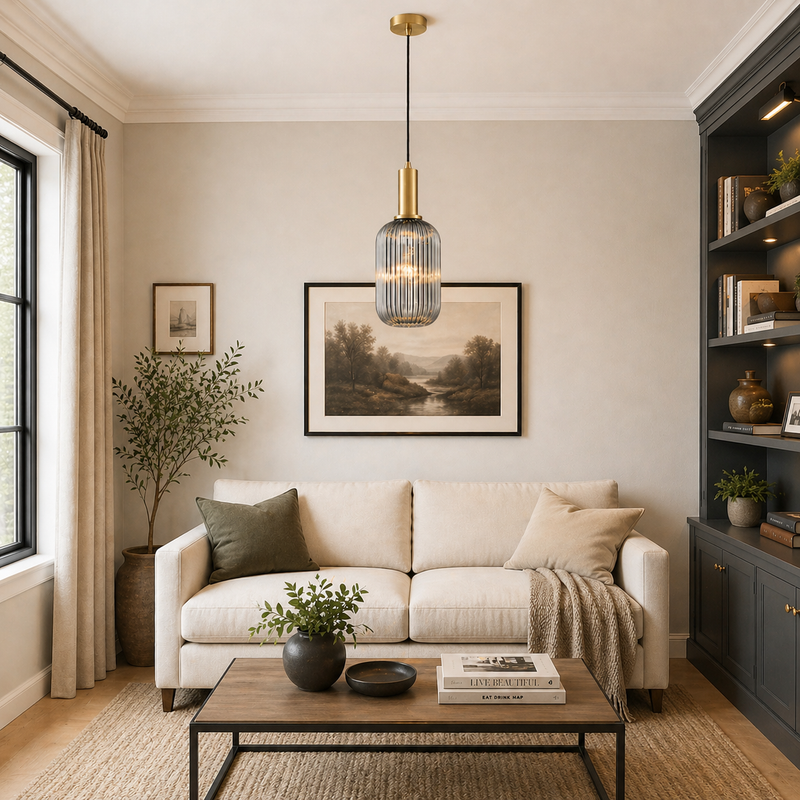 Smoked ribbed glass pendant light in a contemporary living room