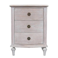 A solid hardwood three draw bedside table made from bleached mahogeny wood with ash veneers in a white wash finish. 