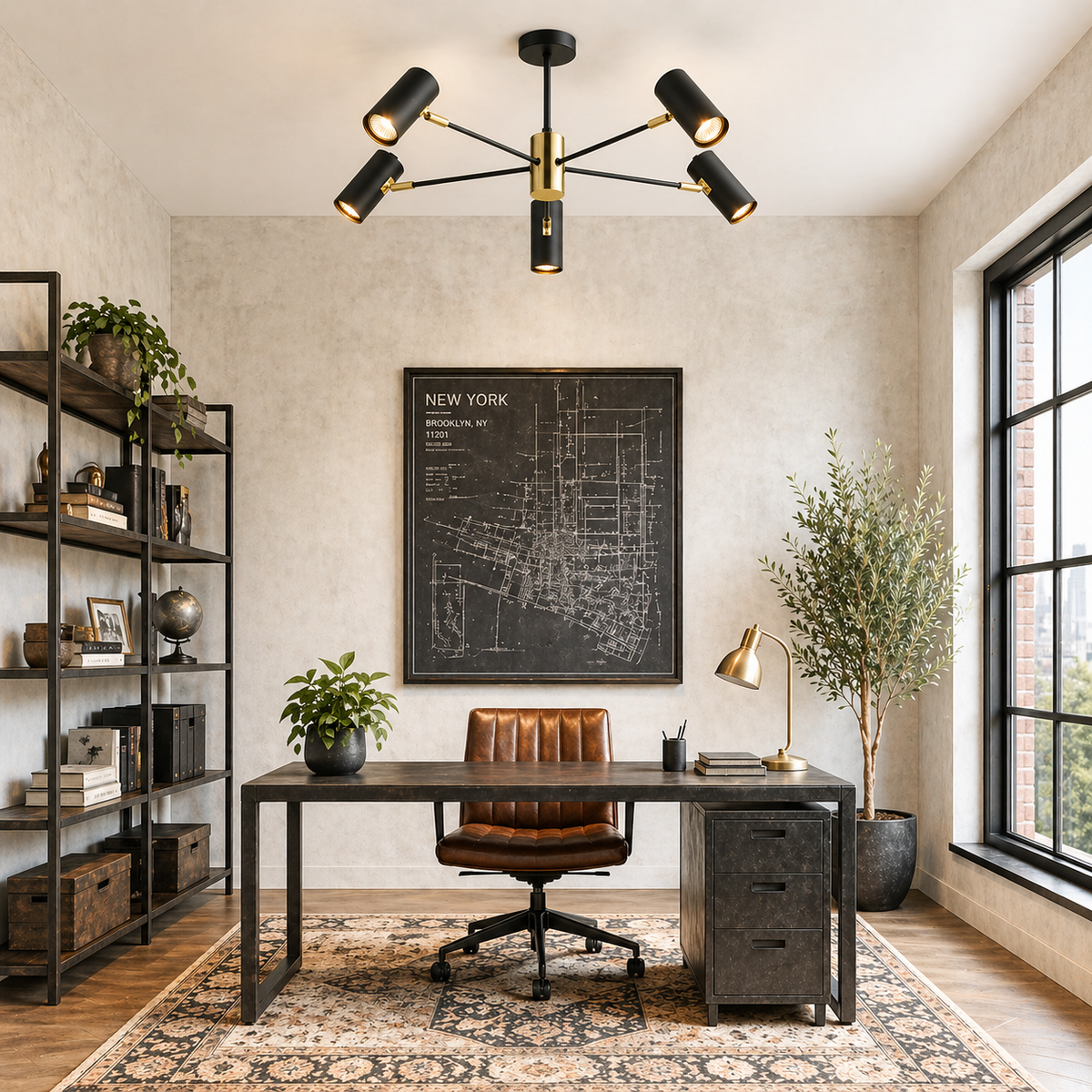Modern home office with a desk, chair, and decorative elements.