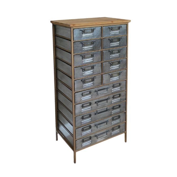 !5 drawer wood and steel chest, shown on  all sides on a white background.