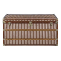 Vintage striped steamer trunk with brown trim, antique brass-effect fittings, rectangular shape.