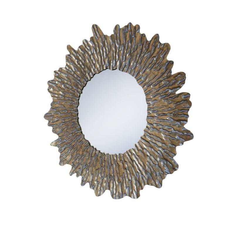 Large Round sun wall mirror with a distressed gold textured frame. The shape adds a touch of movement to its design. The distressed gold finish gives an antique feel
