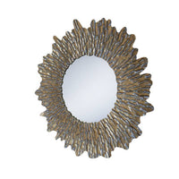Large Round sun wall mirror with a distressed gold textured frame. The shape adds a touch of movement to its design. The distressed gold finish gives an antique feel