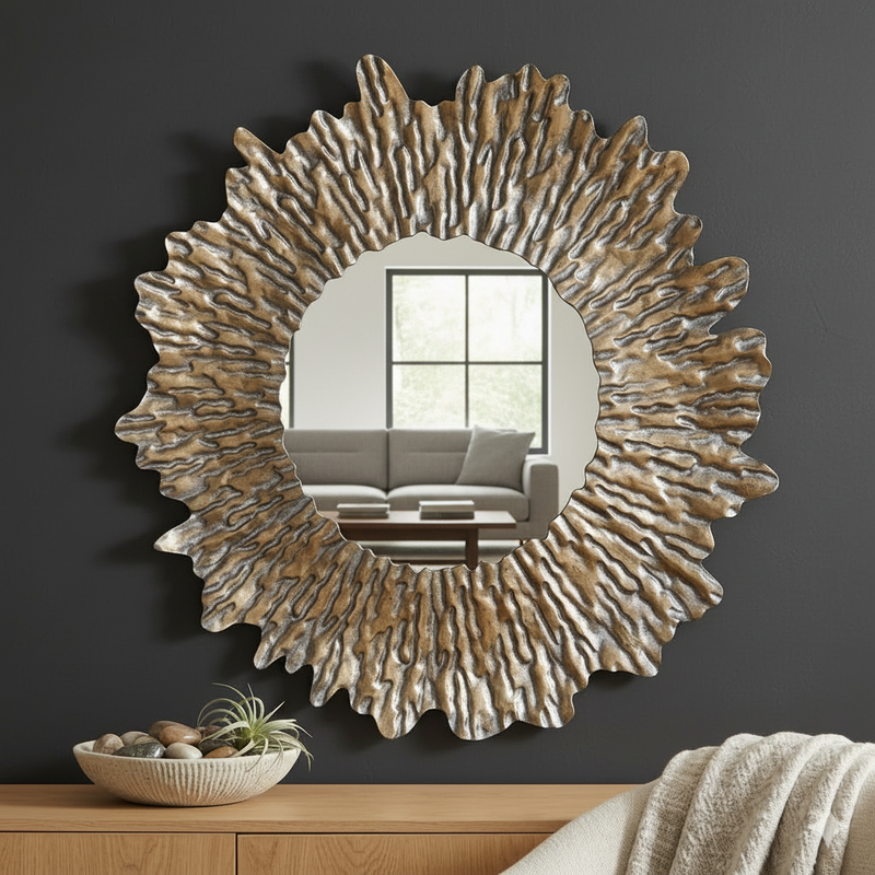 Vintage style metal sun mirror over a wooden cabinet in a cosy living room with chair and throws.