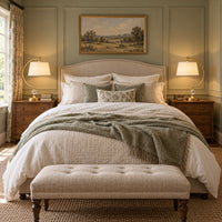 A beautifully styled bedroom featuring a bed dressed in white and sage green bedding, flanked by matching wooden nightstands with lit table lamps. A tufted beige bench sits at the foot of the bed.