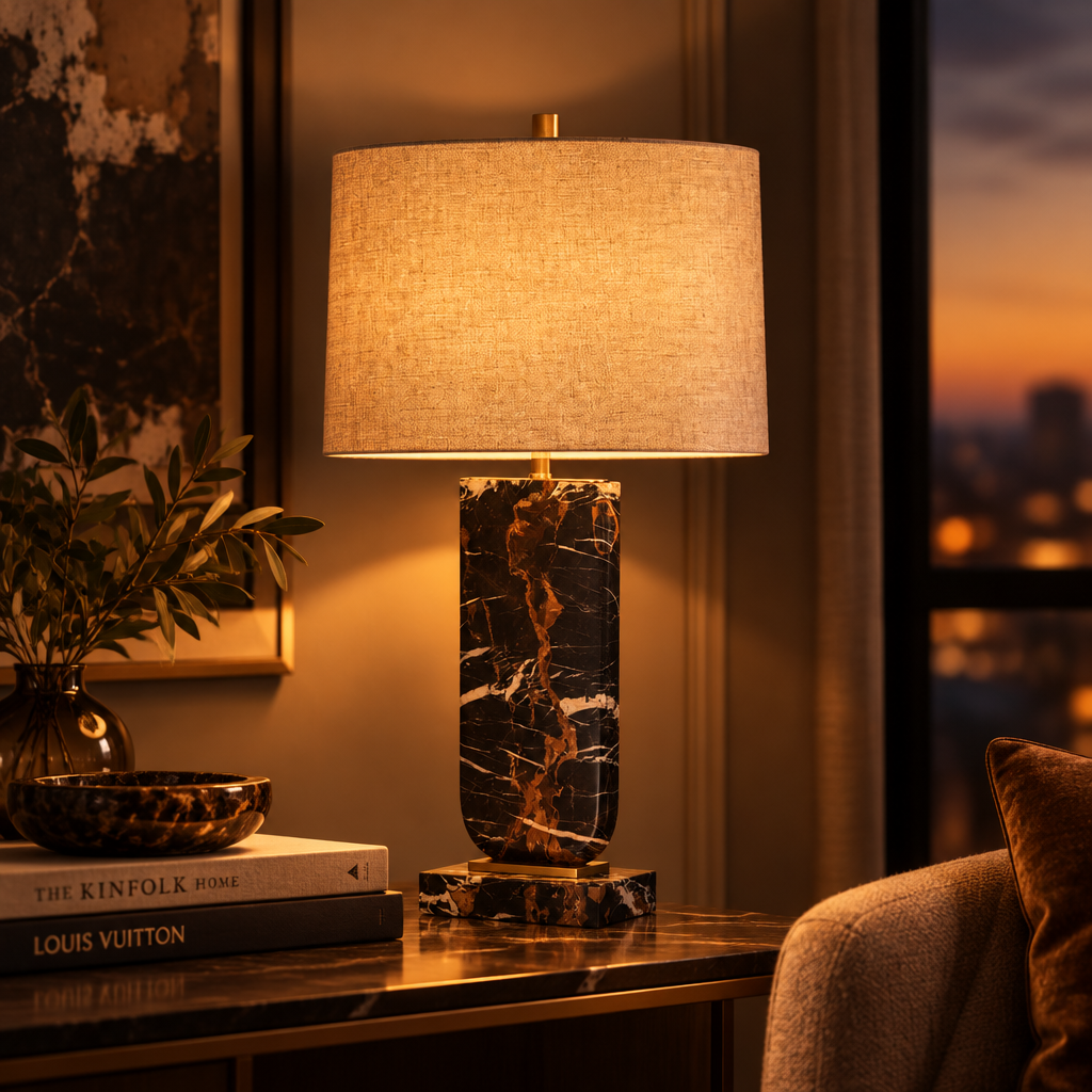 Marble Based Lamp with Grey Linen Shade