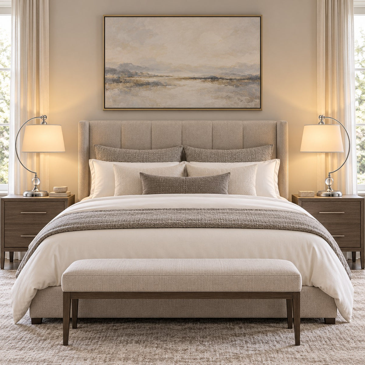 Curved nickel lamps on bedsides in a contemporary bedroom with wooden tables and neutral fabrics.