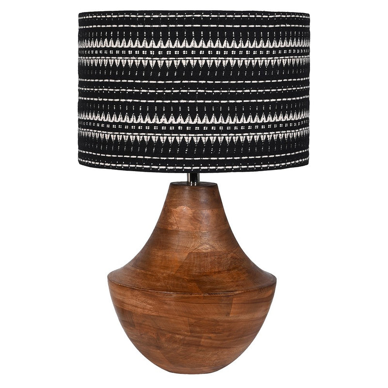 Absolutely beautiful wooden lamp with a distinctive black and white woven shade. A statement lamp if ever the was one. A really large base set off perfectly by the intricate handwoven shade, great on a sideboard or large console table. The black and white colour of the shade compares beautifully with the deep patina of the wood on the base.
