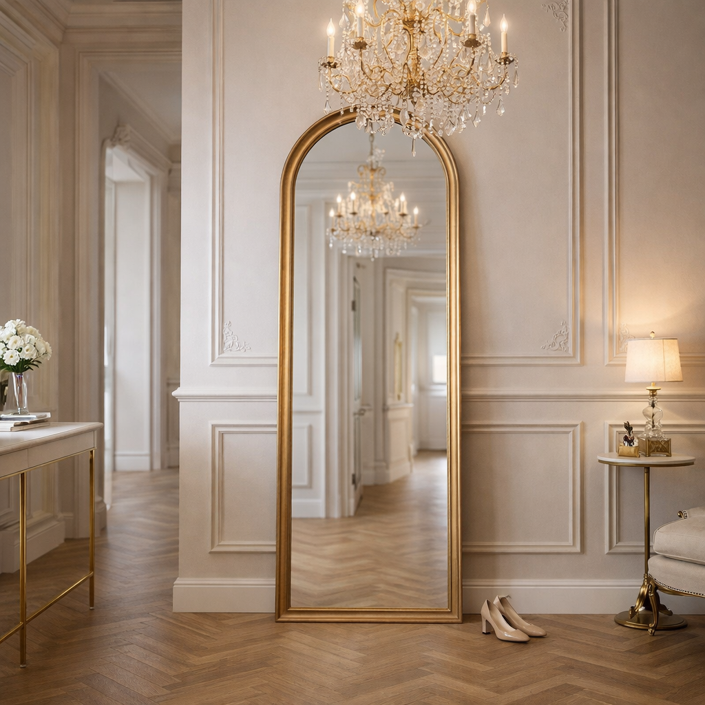 Tall arched mirror in a hall setting with herringbone floor and gilt chandelier.