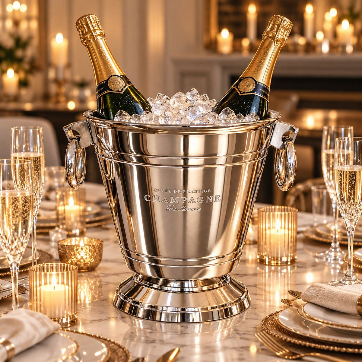 Tall champagne bucket on s celebratory table with two bottles.