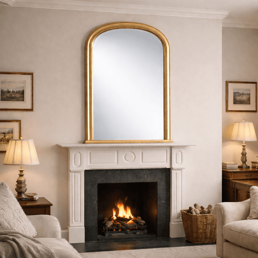 Tall gilt overmantle mirror with arched top, gold frame above fireplace in traditional country home.