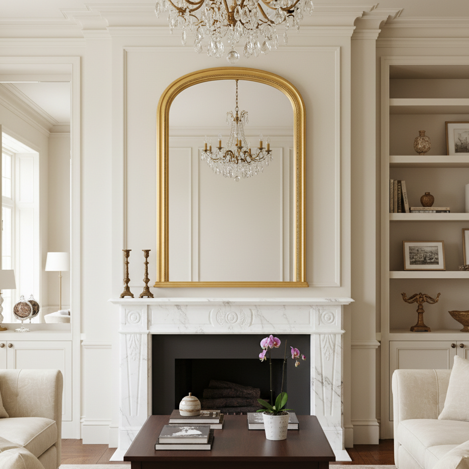 Tall gilt overmantle mirror with arched top, gold frame above fireplace in traditional country home hallway