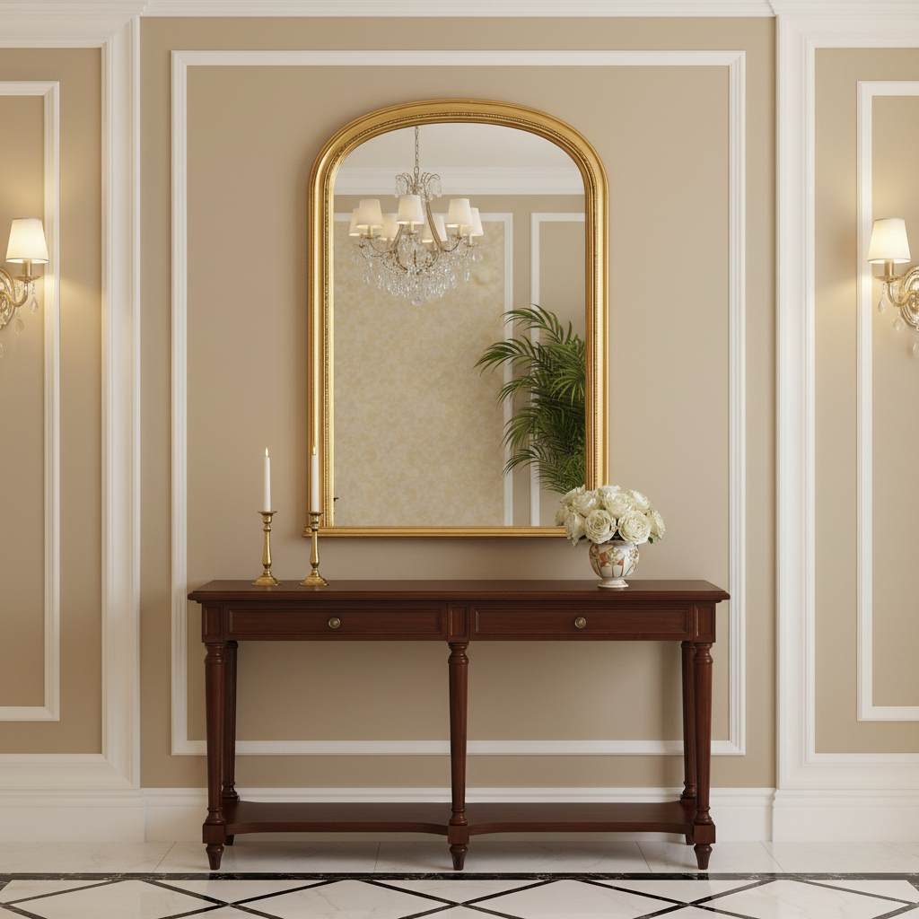 Tall gilt overmantle mirror with arched top, gold frame above fireplace in traditional country home hallway