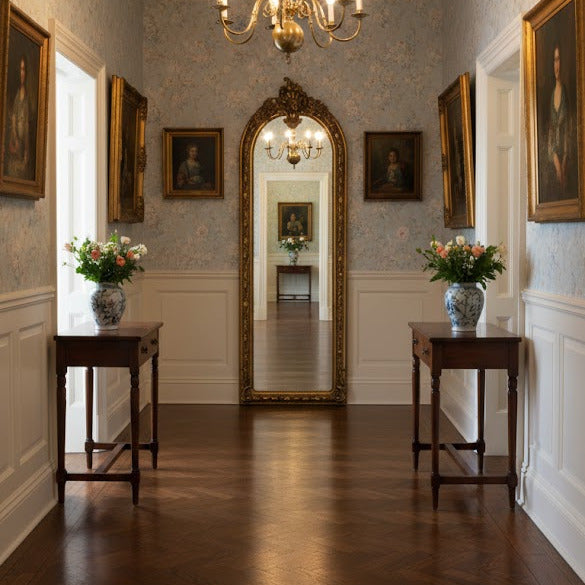 The mirror is placed at the end of a traditional style hallway, country house style, to add light and perspective to your interior, whether in the bedroom, living room or hall, screams luxury.