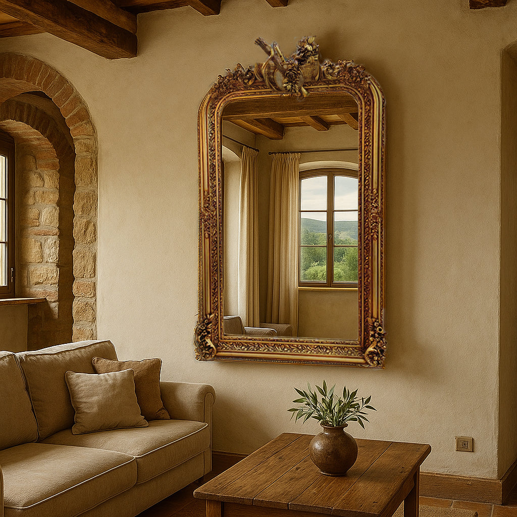 Tall ornate gold-framed wall mirror with detailed French Rococo-style carving and decorative crest.