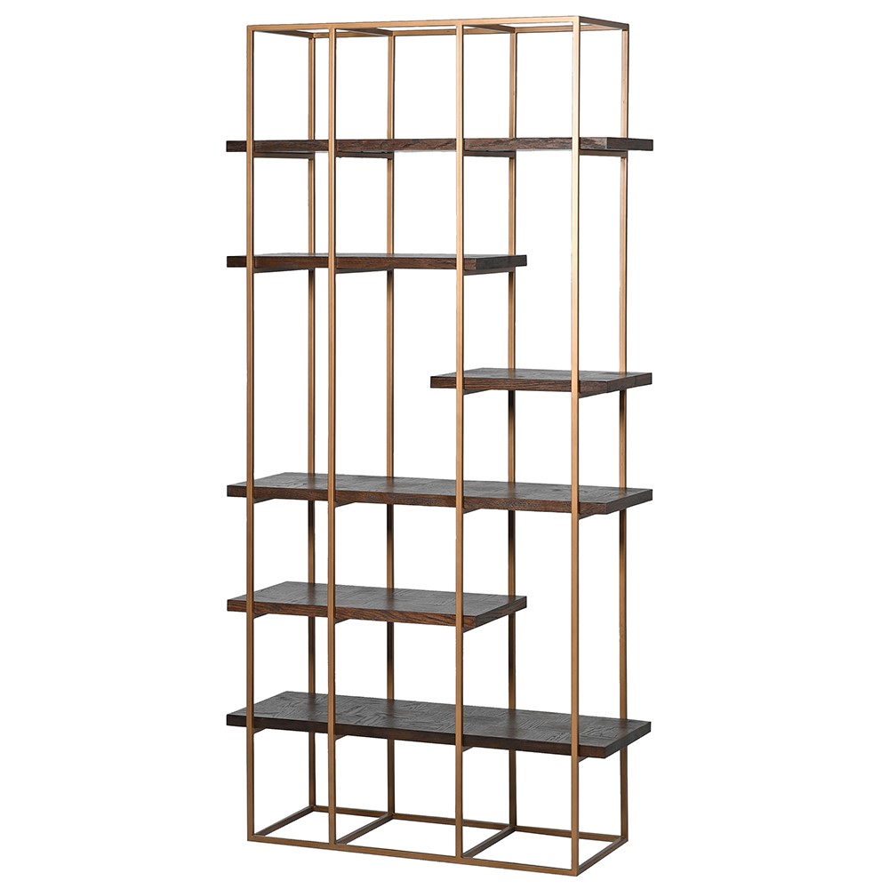 Tall, gilt metal and parquet wooden shelved unit. A really impressive display unit, for books or all the precious items you want to display, this will be a design led focal point of any room.

H: 205 cm W: 100 cm D: 37 cm