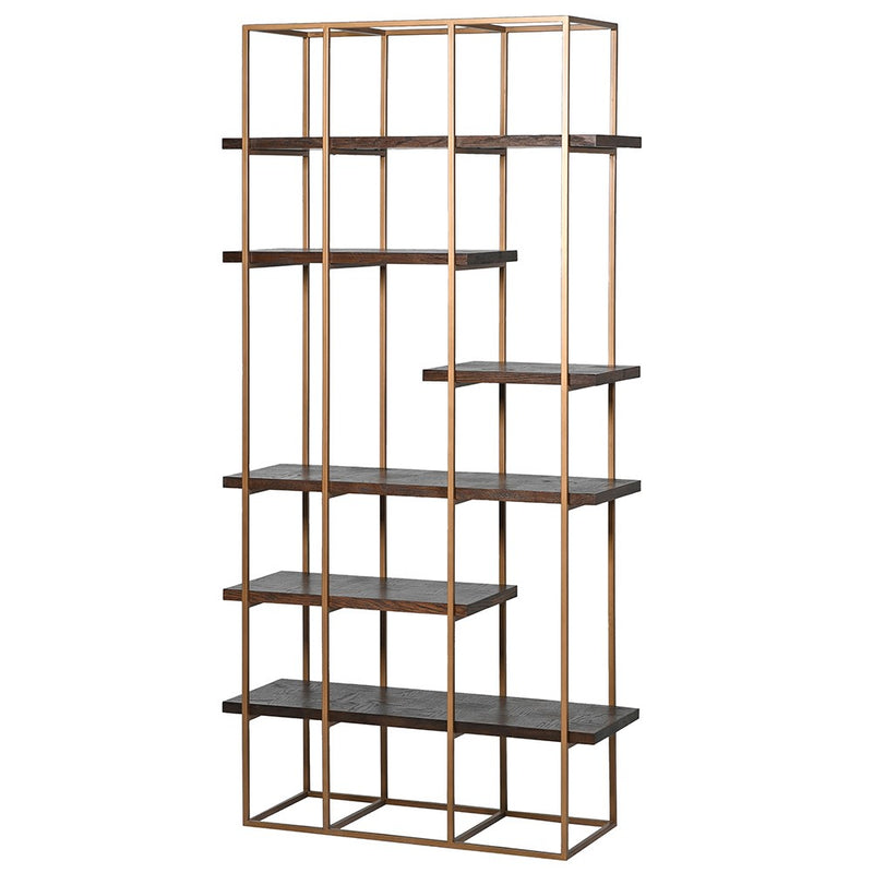 Tall, gilt metal and parquet wooden shelved unit. A really impressive display unit, for books or all the precious items you want to display, this will be a design led focal point of any room.

H: 205 cm W: 100 cm D: 37 cm