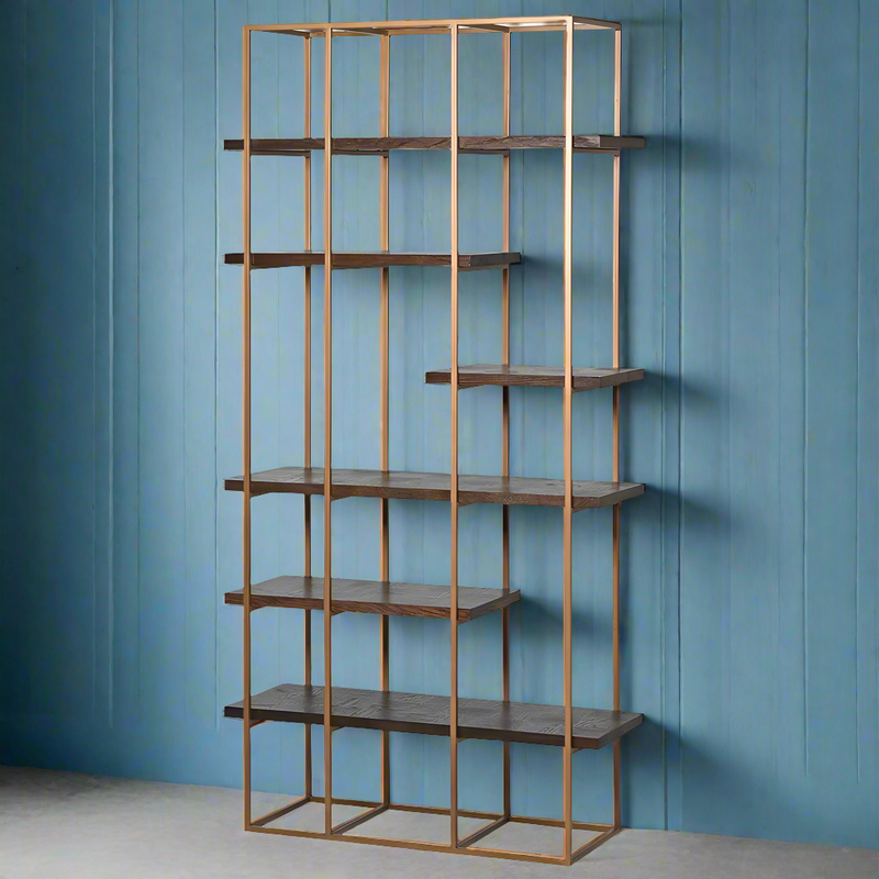 Tall, gilt metal and parquet wooden shelved unit. A really impressive display unit, for books or all the precious items you want to display, this will be a design led focal point of any room.
