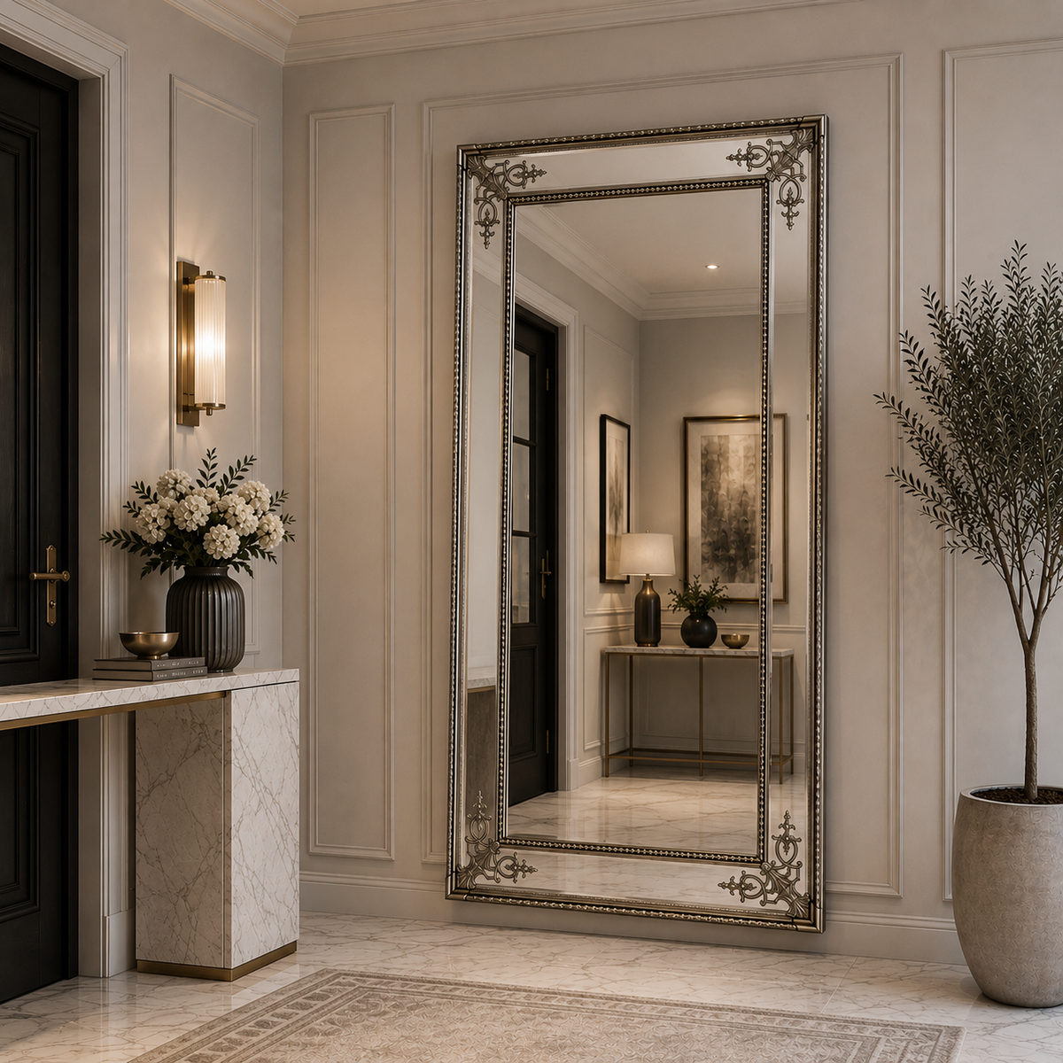 Tall, silver ornate mirror in a neutral coloured hallway, with white marble furnishings, plant pot and console. 