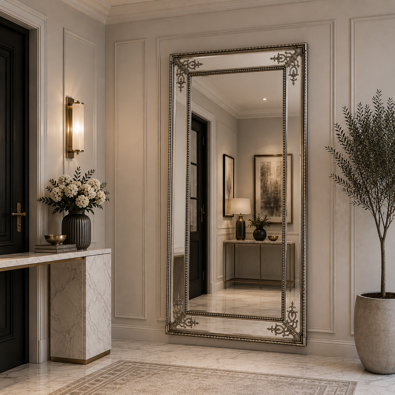 Tall, silver ornate mirror in a neutral coloured hallway, with white marble furnishings, plant pot and console. 