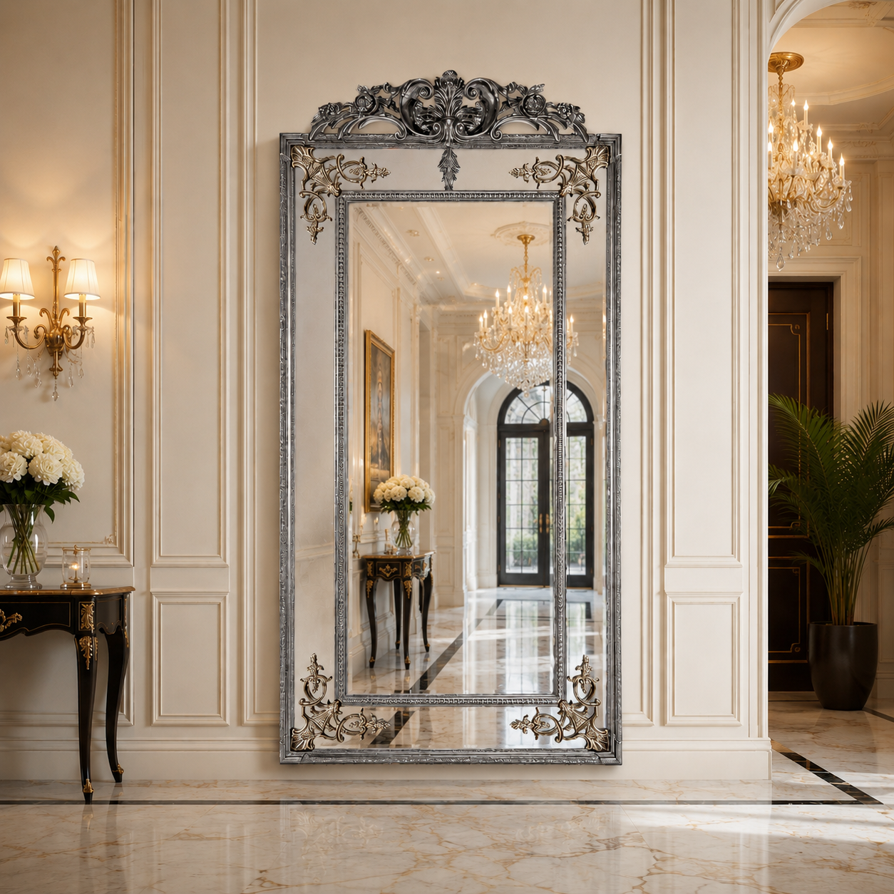 Tall paneled mirror with a decorative crest and decorative corners in an elaborate hall, in country house setting.