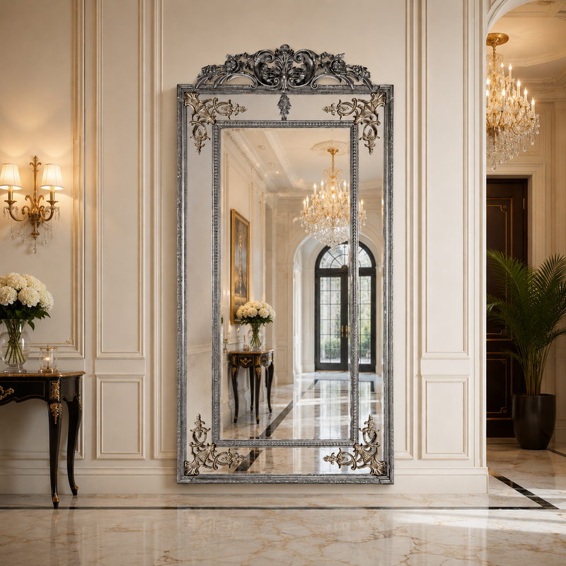 Tall paneled mirror with a decorative crest and decorative corners in an elaborate hall, in country house setting.