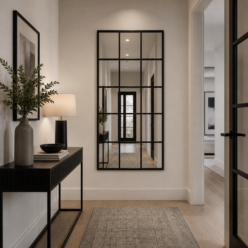 Tall black metal window mirror in a hallway reflecting the door. 