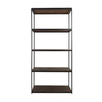 Tall shelving unit with solid mango wood shelves and a slim black metal frame in an industrial style.