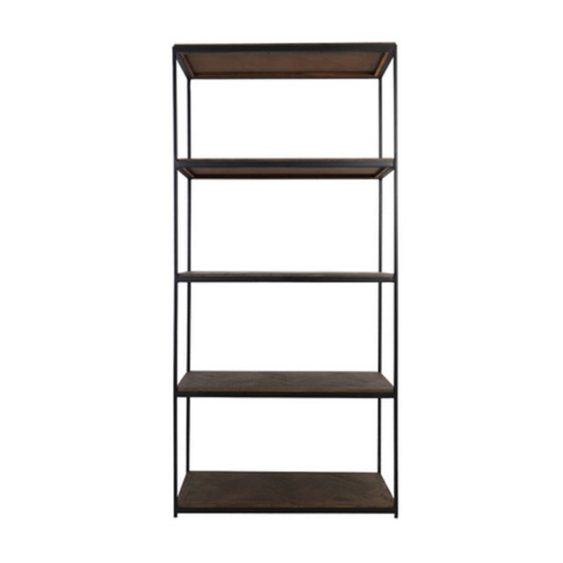 Tall shelving unit with solid mango wood shelves and a slim black metal frame in an industrial style.