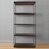 Tall shelving unit with solid mango wood shelves and a slim black metal frame in an industrial style.