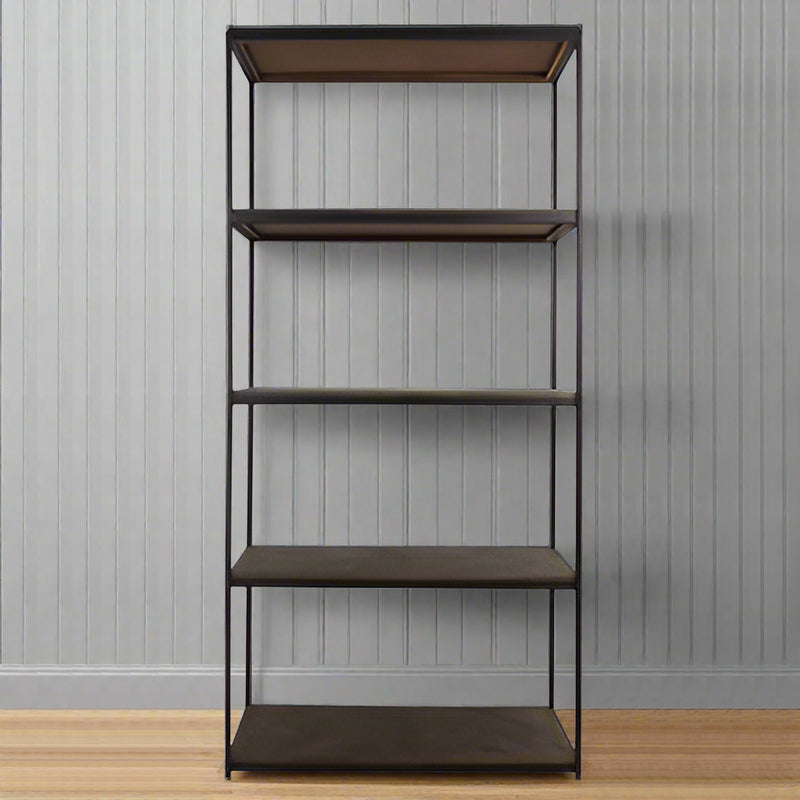 Tall shelving unit with solid mango wood shelves and a slim black metal frame in an industrial style.