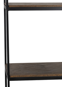Tall shelving unit with solid mango wood shelves and a slim black metal frame in an industrial style.