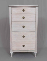 A beautiful five drawer tallboy of superior hardwood quality.&nbsp; This is a very pretty piece made from mahogany wood, finished in an soft white wash veneer finish. The off white finish has warm tones and it's matt, slightly weathered appearance results in a light and airy Skandi feel. Perfect for any living room or bedroom as its neutral finish allows it to blend seamlessly with different color schemes and other furniture styles.&nbsp;&nbsp; A timeless classic storage chest designed to give permanence to