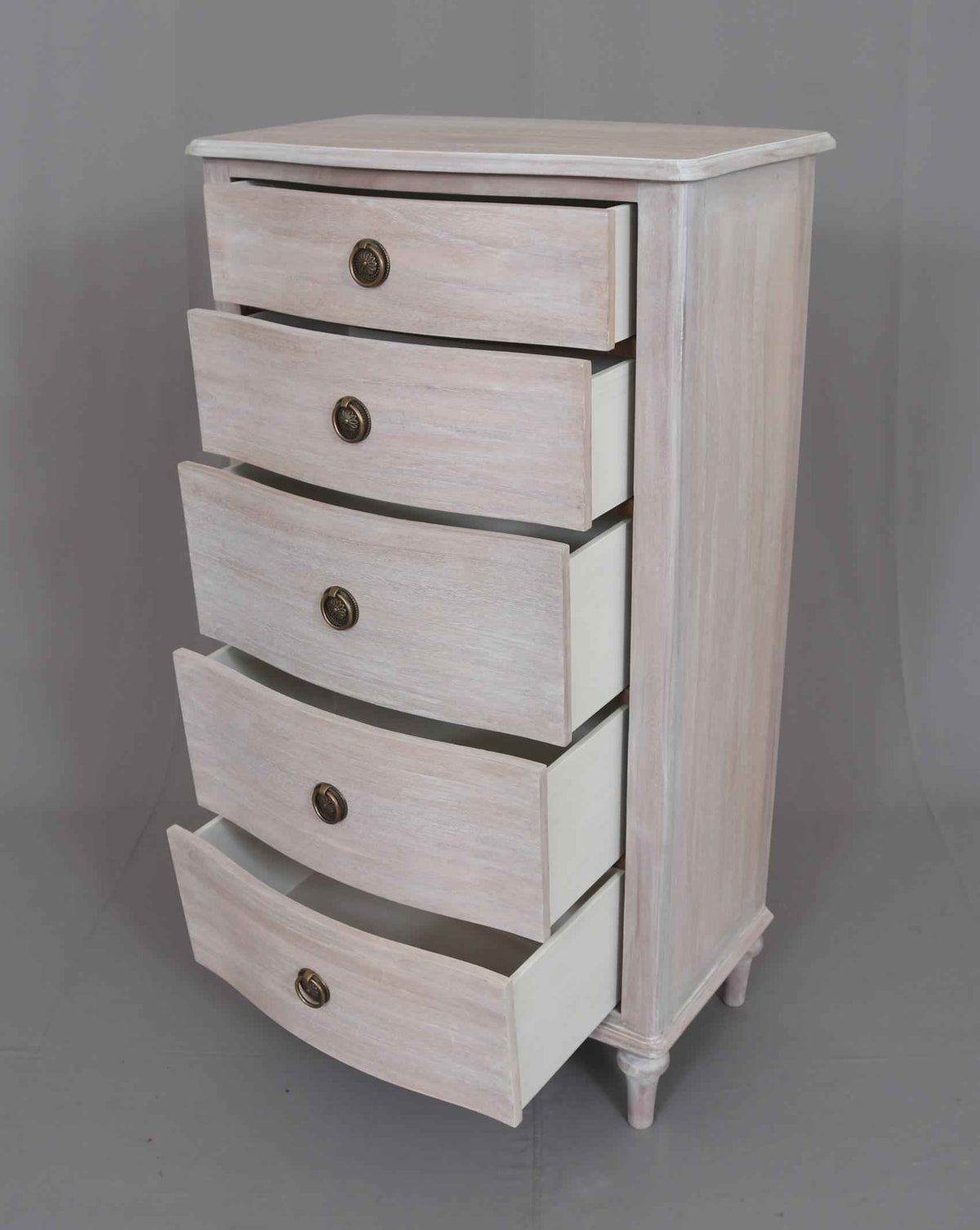 Wooden Five Drawer Tallboy - Soft Off White Finish with antique brass knobs, ideal for bedroom or living room storage in Skandi style.