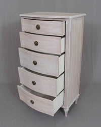 Wooden Five Drawer Tallboy - Soft Off White Finish with antique brass knobs, ideal for bedroom or living room storage in Skandi style.