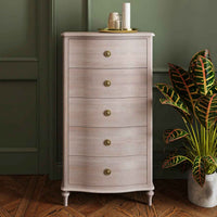 Wooden Five Drawer Tallboy - Soft Off White Finish with curved front and brass knobs, ideal for bedroom or living room storage.