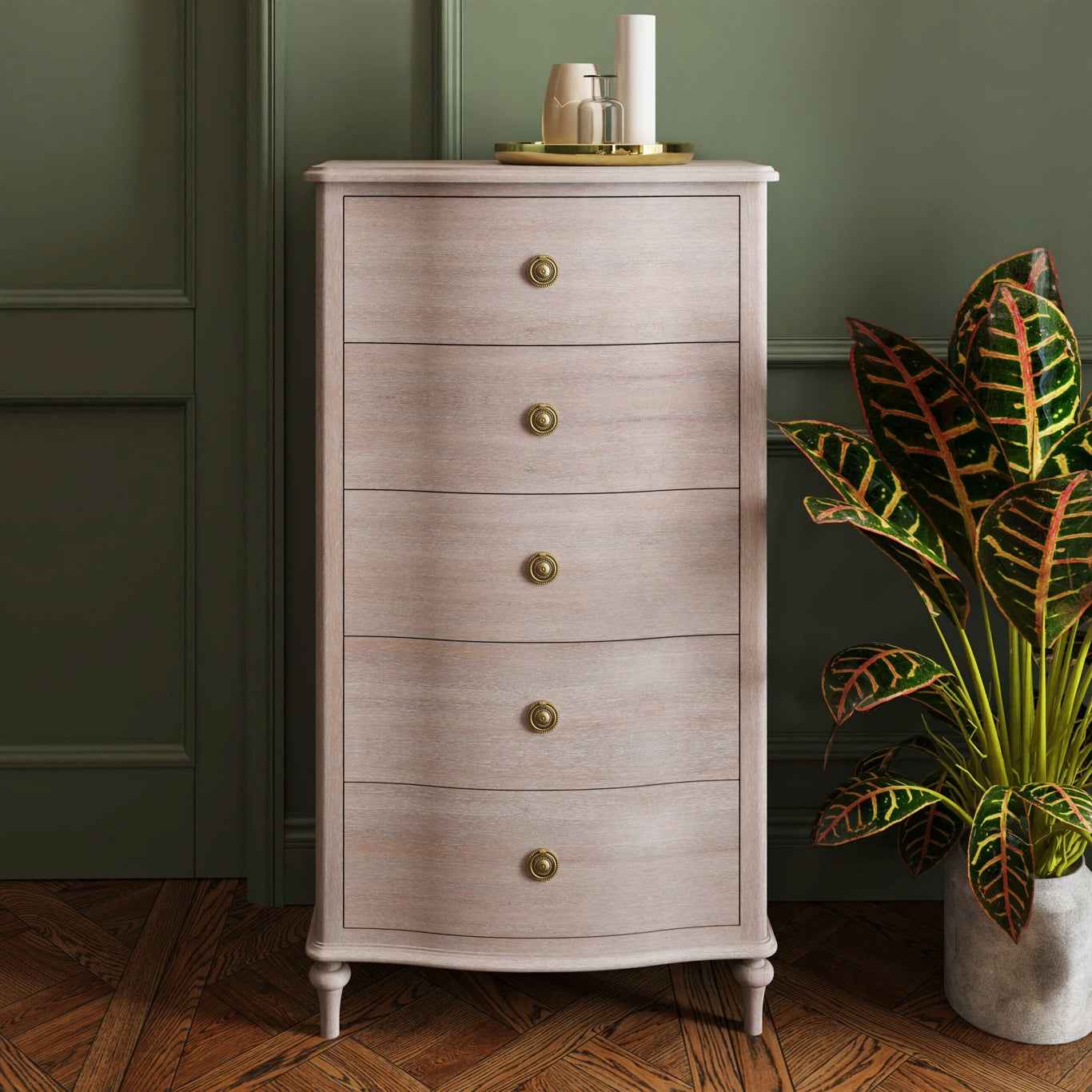 Wooden Five Drawer Tallboy - Soft Off White Finish with curved front and brass knobs, ideal for bedroom or living room storage.