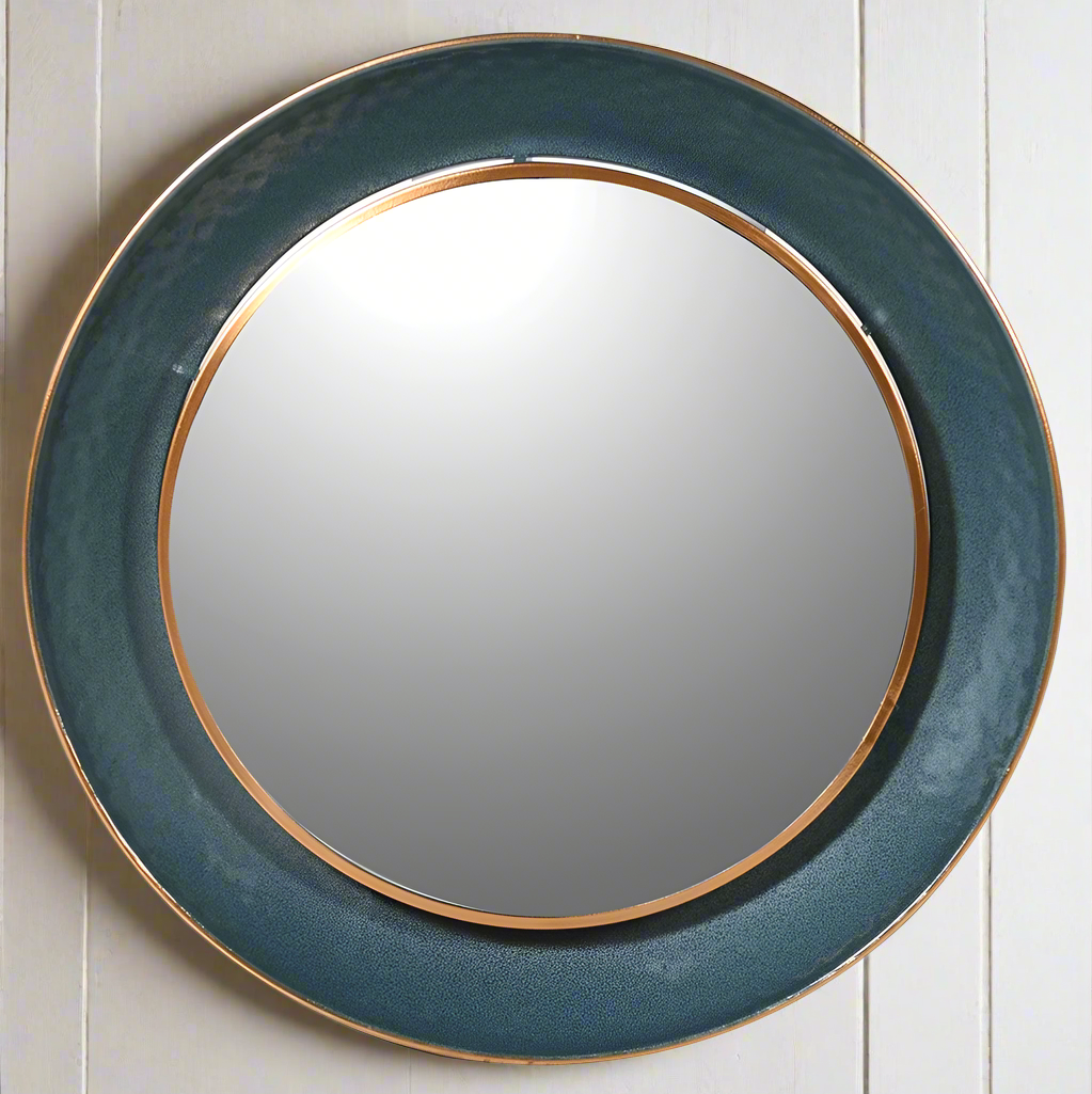 Teal metal circular wall mirror with gold inset 88cm