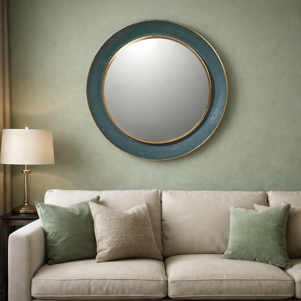 Teal coloured mirror over a pale sofa in a sage coloured room with lamps, sitting room setting. 