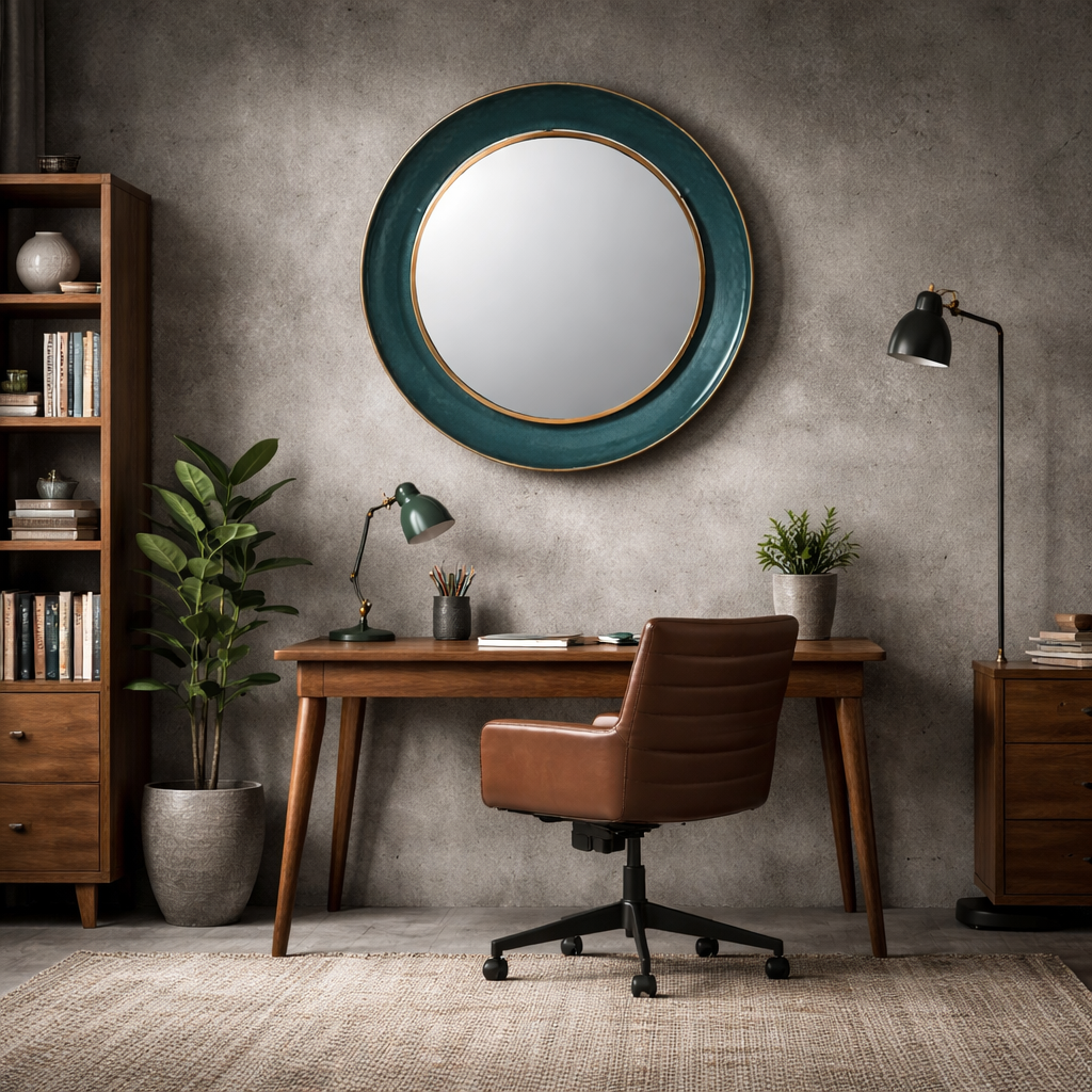 Teal round wall mirror above a desk in a home office