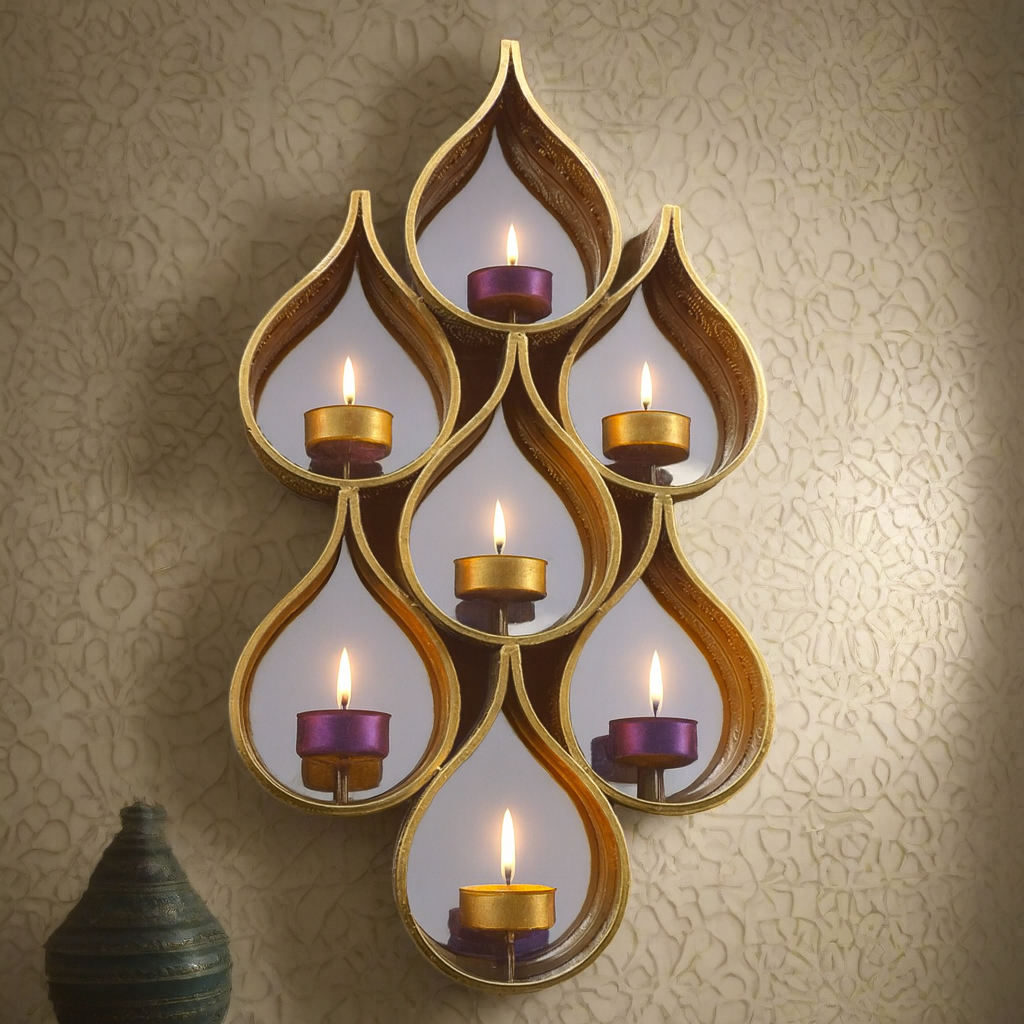 Tall teardrop-shaped mirror with pierced Moroccan-style metal frame and candleholders