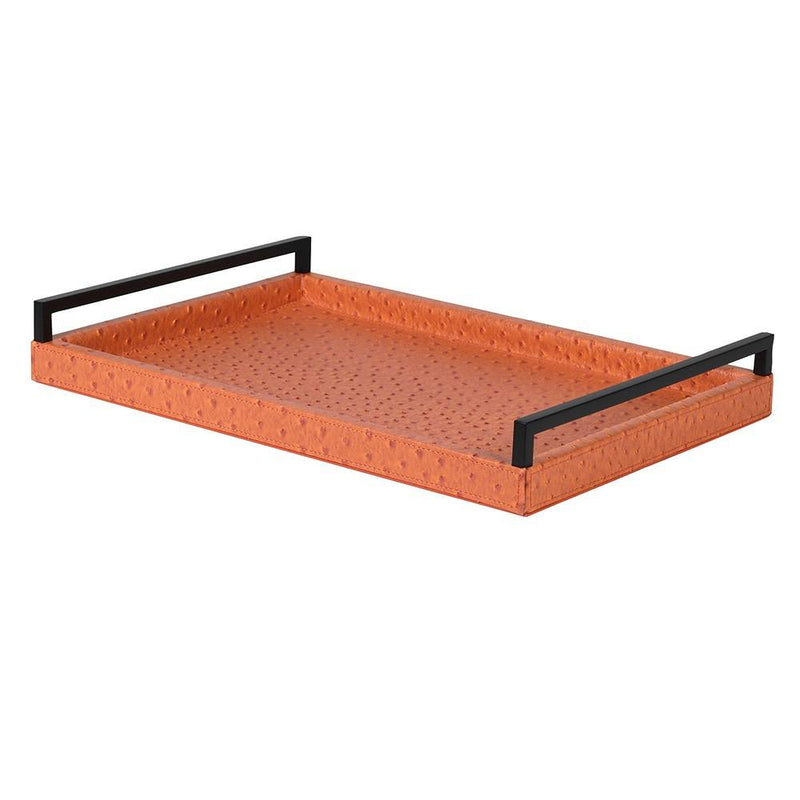 A burnt orange coloured faux leather tray with long black metal handles to each end. A particularly smart, high end look. Acessories, such as trays just add warmth and sophistication to your interior. The earthy, warm colour of this particular tray will pop in any setting.