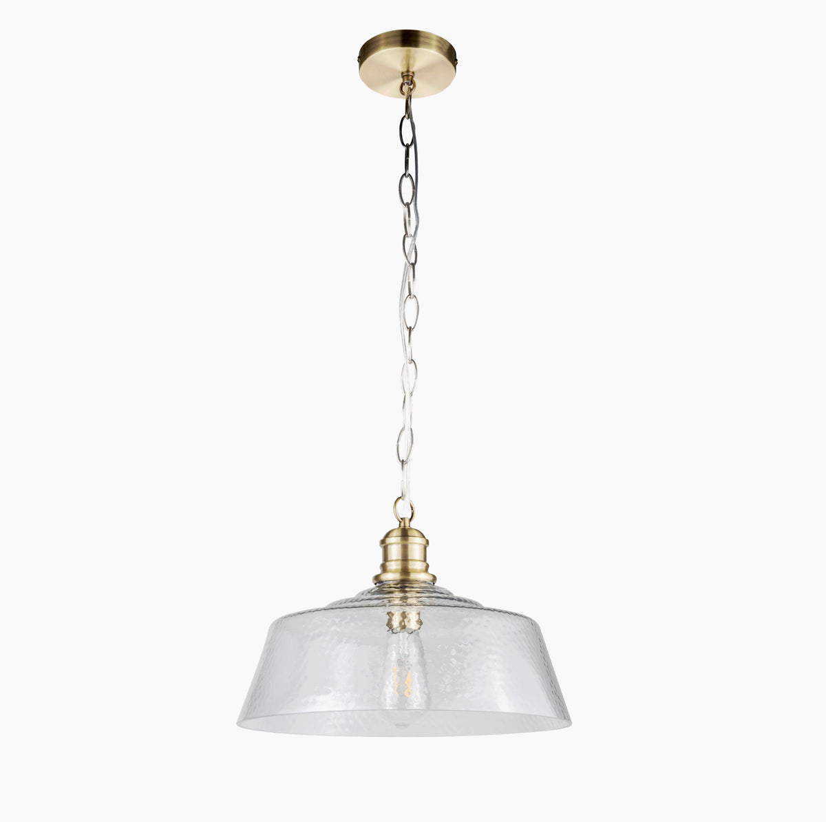 Textured glass pendant, wide shade set on a brass holder, chain and rose. The glass shade is wide enough to spread light in your kitchen, dining area or in your hall.