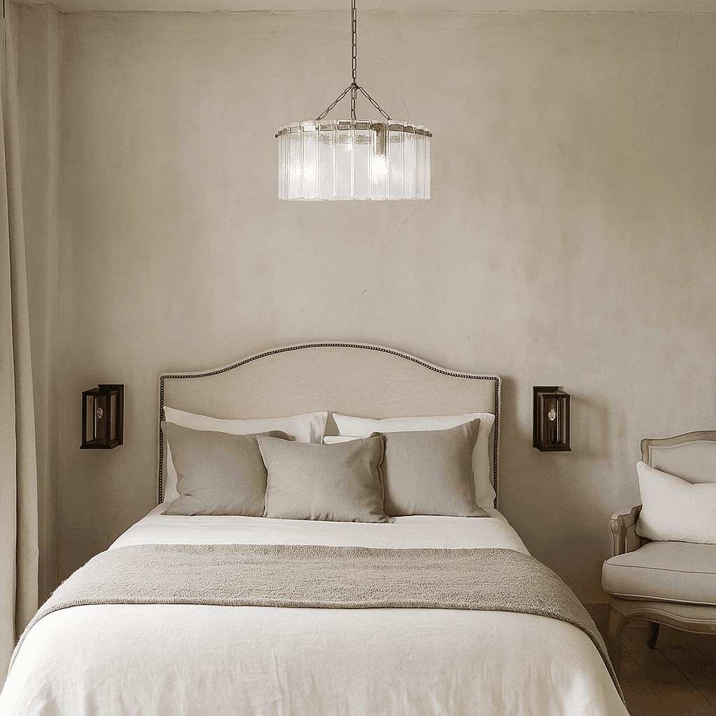 Three light textured glass pendant with gilt metal frame and chain fitting in a bedroom.